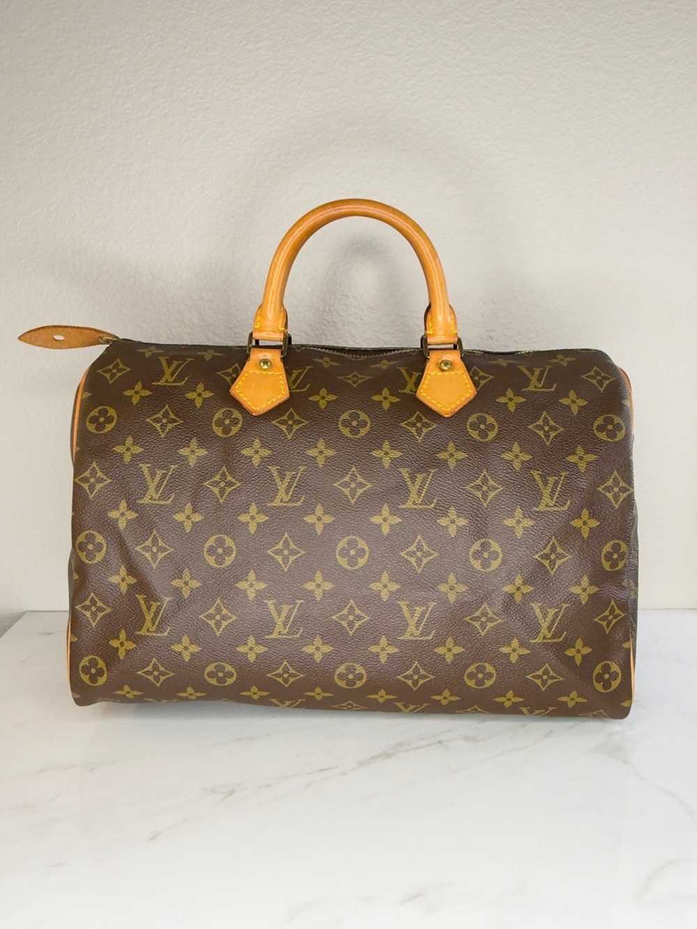 Louis Vuitton Classic Speedy 35 Monogram Canvas Tote Handbag w Lock Key Dust Bag